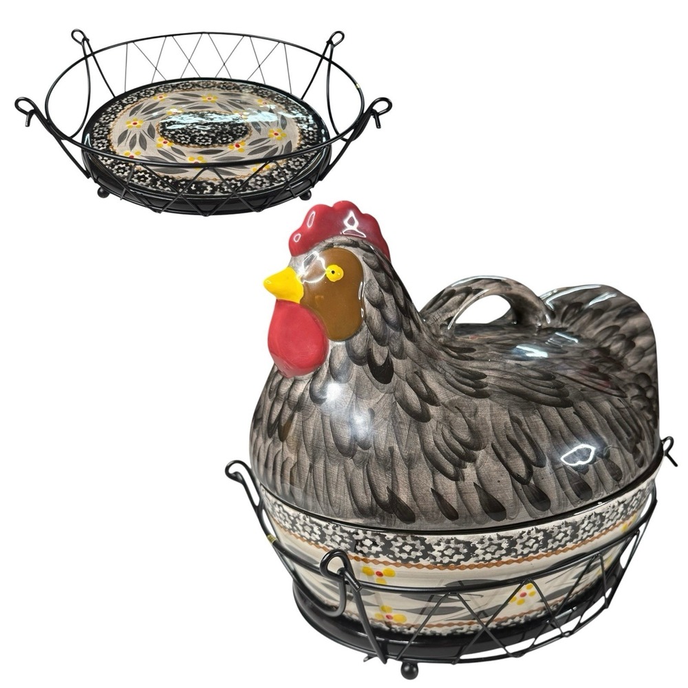 Temptations Ceramic Chicken/Hen Basket 2Qt. Casserole Dish 4 piece Black